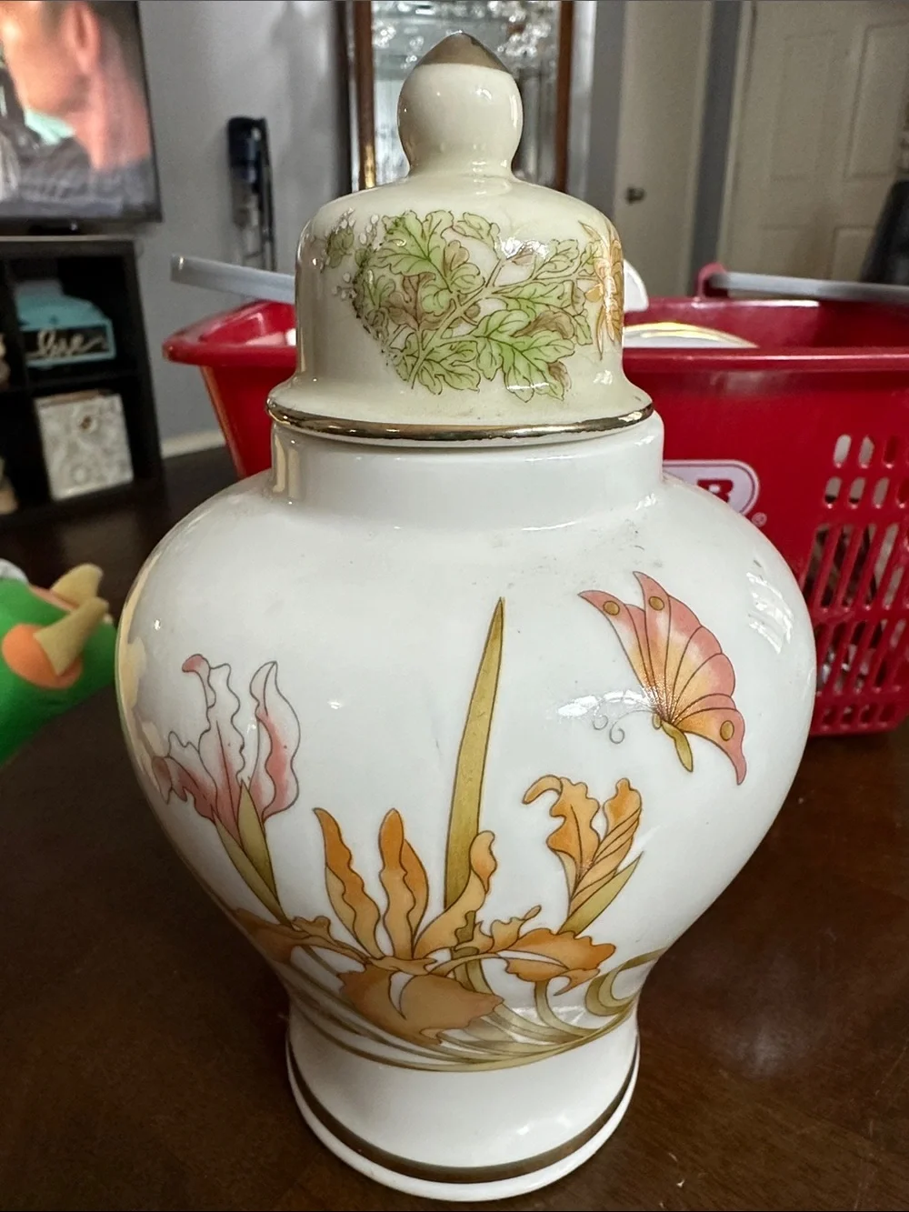Floral Porcelain Ginger Jar with Butterfly Accent - White, Gold, Peach